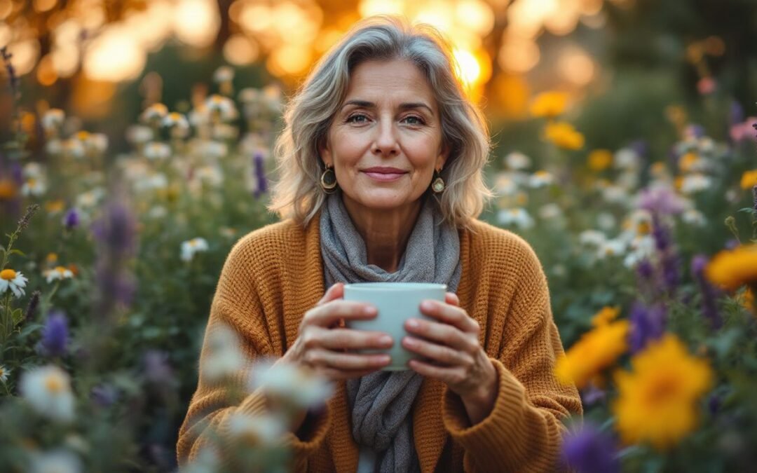 lady drinking tea in herbal garden