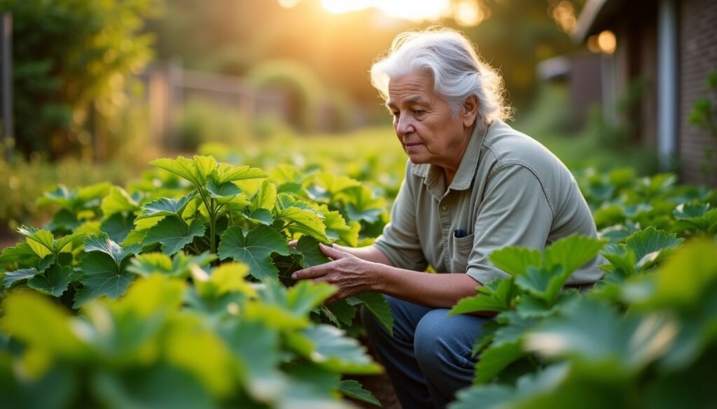lady tending herb garden